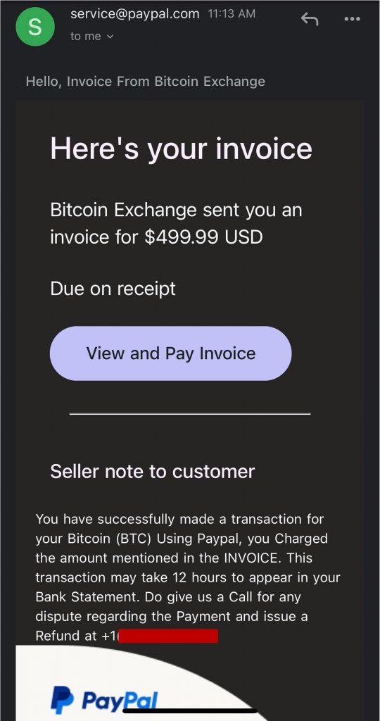 Email from PayPal containing $499.99 USD invoice for Bitcoin.